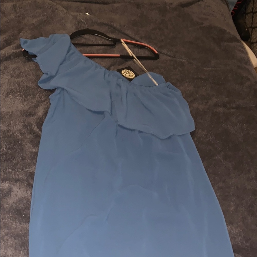 One shoulder blue green dress